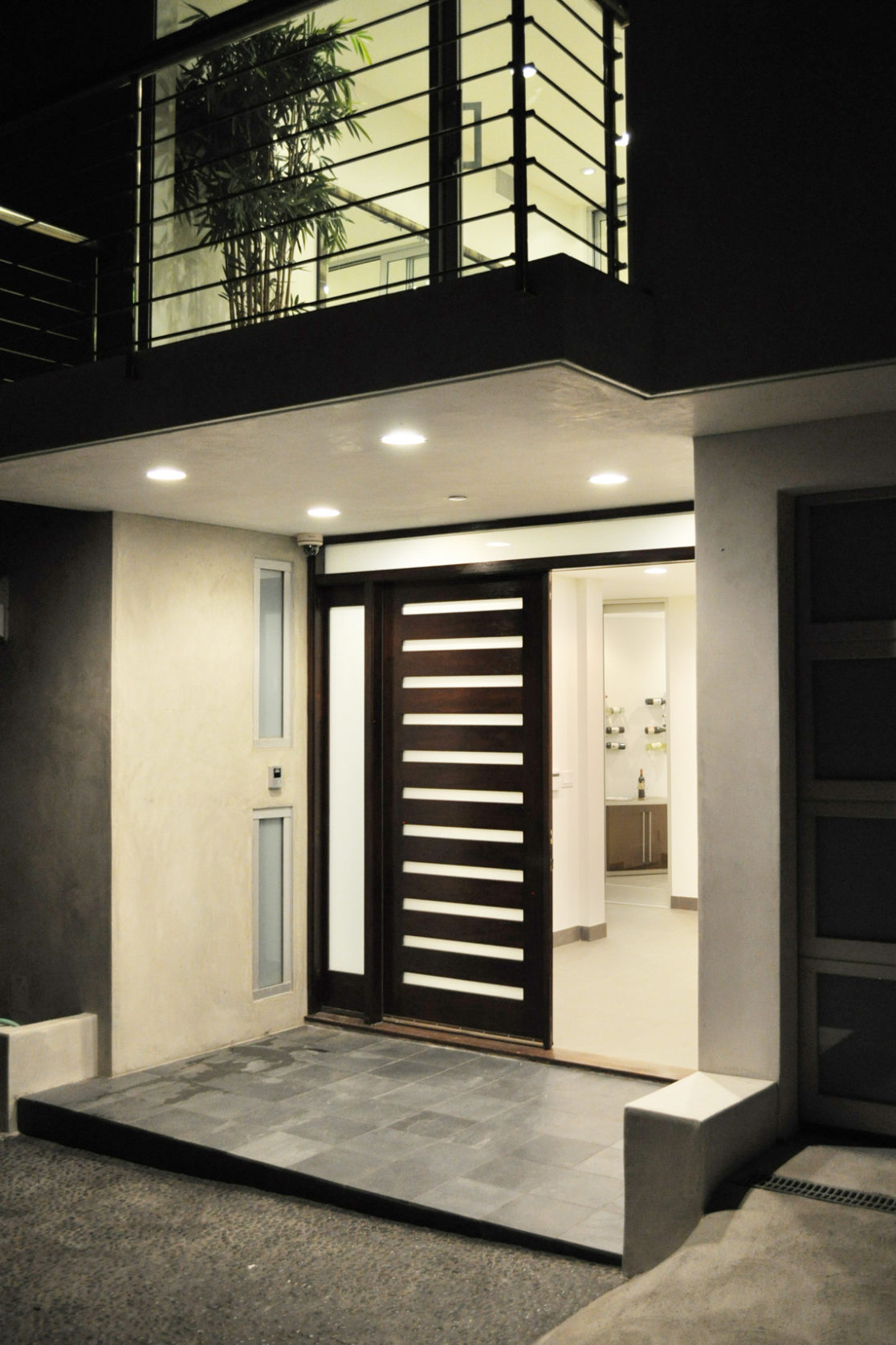 A building exterior picture of the entrance. Entrance door with glass.