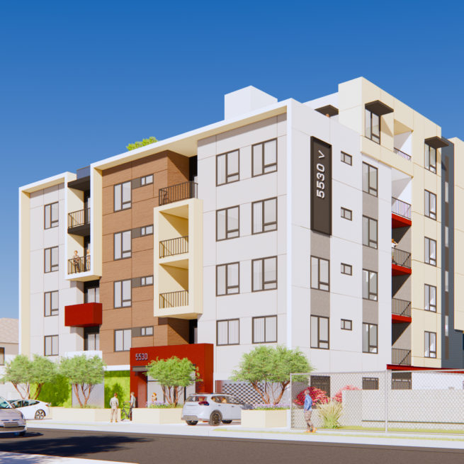 A perspective view of the 6-story building exterior. White, beige and wood panels are mixed. 6th floor is stepped back.
