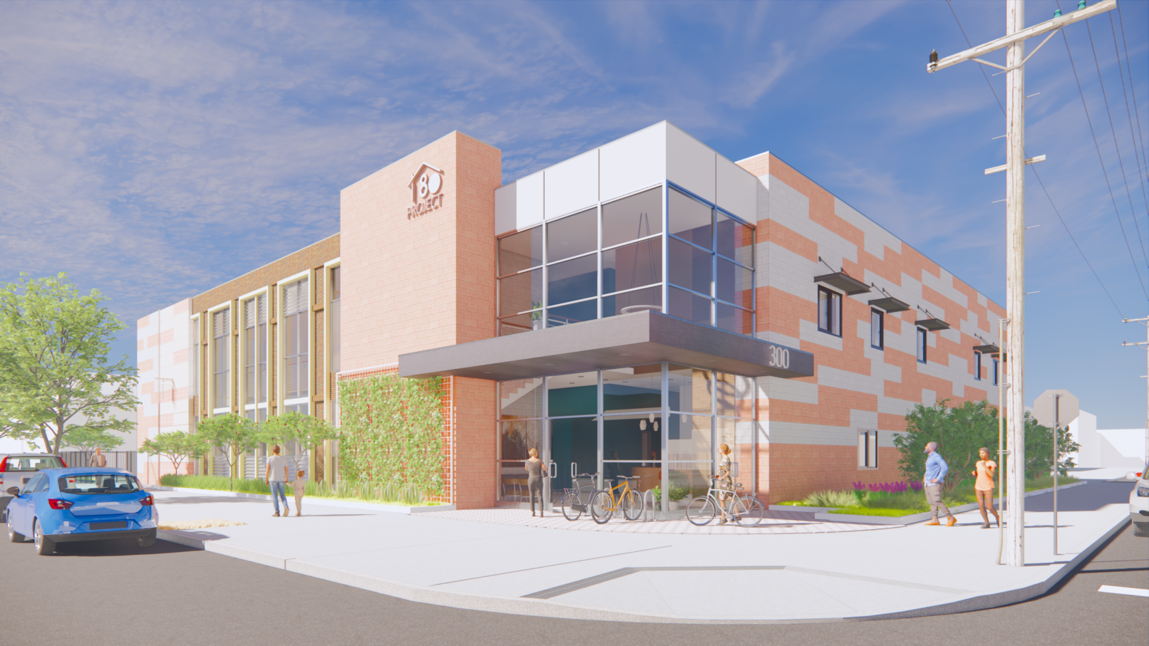 A perspective view of the 2-story building exterior. CMU exterior wall. Building entrance is made of glazing and aluminum canopy.