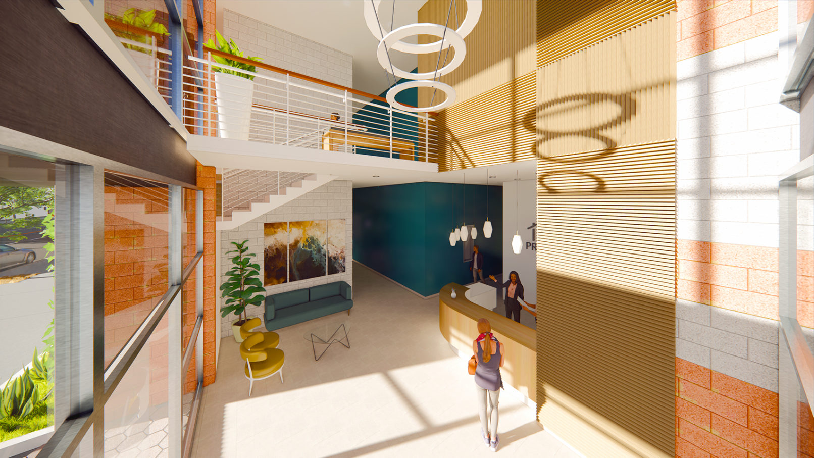 An interior perspective view of the building lobby with a wooden counter and wooden slot wall. Concrete floor finish.