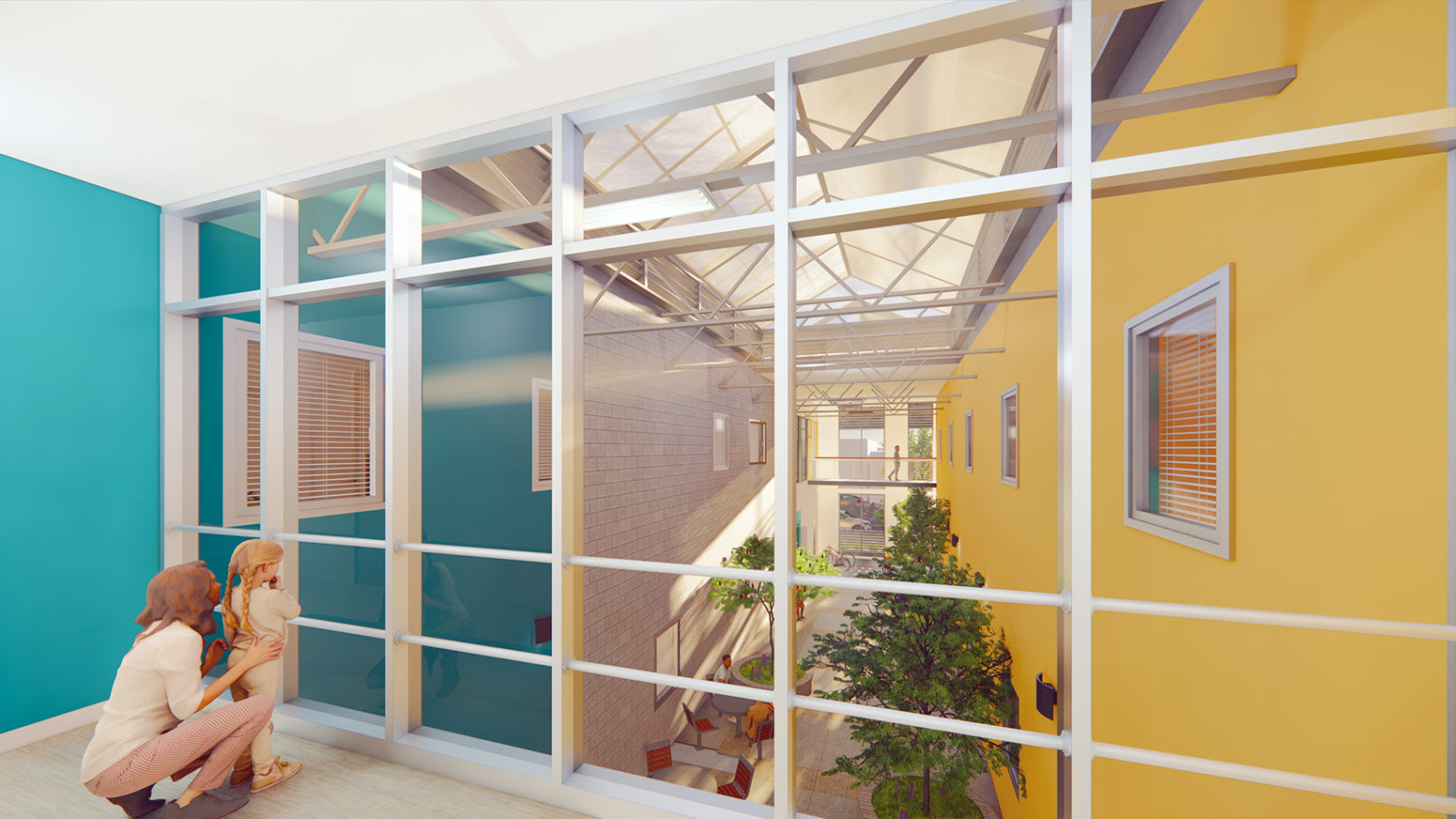 A perspective view of the courtyard with planter. CMU wall, Yellow wall and cyan wall. Colored concrete floor. Truss and skylight above.