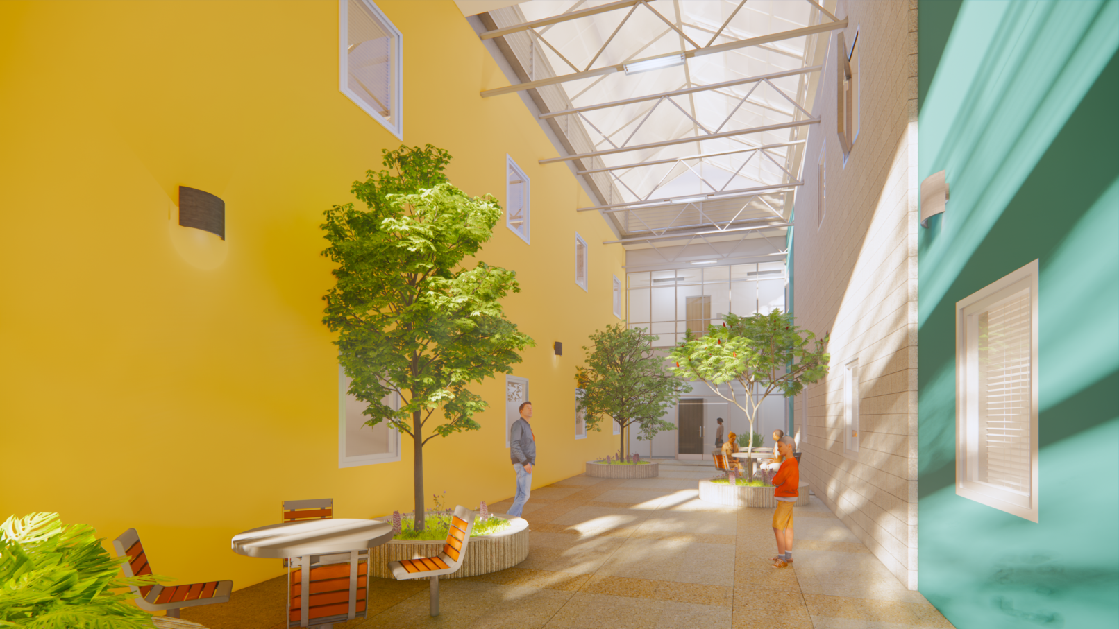 A perspective view of the courtyard with planter. CMU wall, Yellow wall and cyan wall. Colored concrete floor. Truss and skylight above.