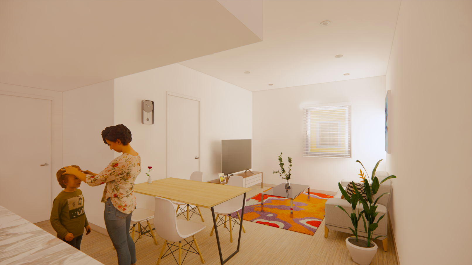 An interior perspective view of the residential unit with a wooden counter and wooden countertop. White wall, white ceiling and wood floor finish.