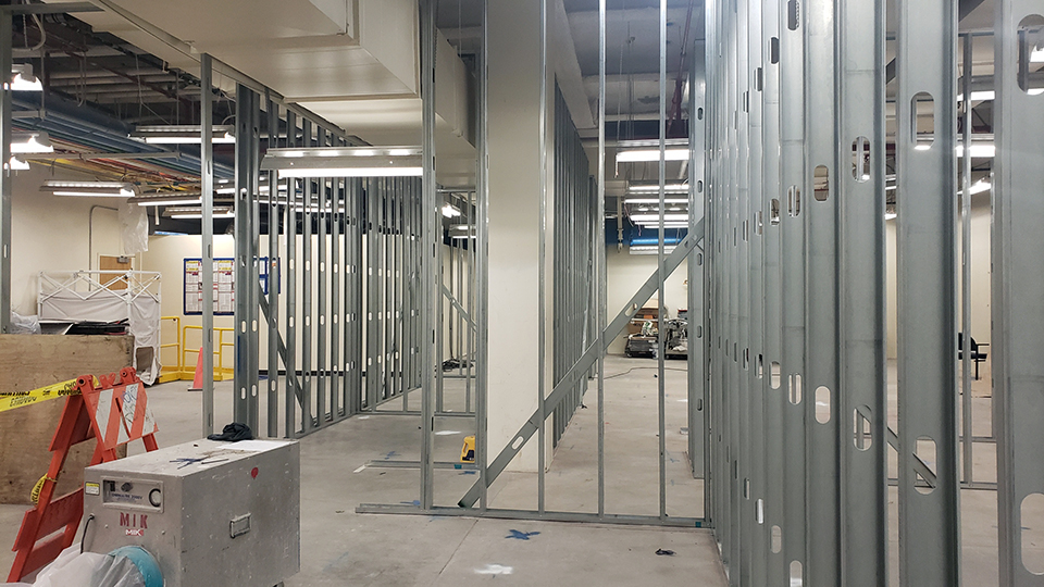 A construction photo of the business office. Metal framing.