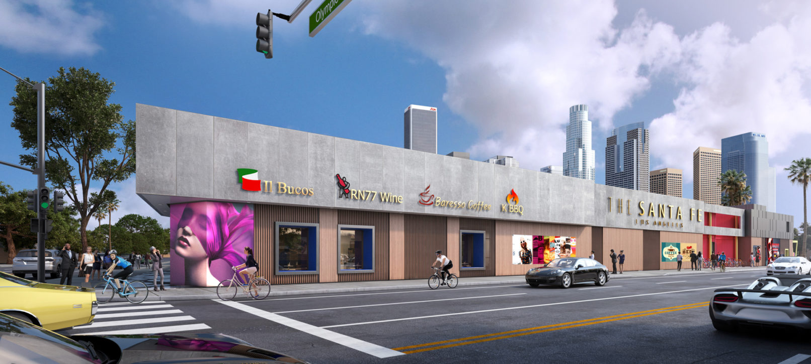 A perspective view of the commercial complex. Light brown at the bottom and concrete panel on top. Los Angeles down town as a background.